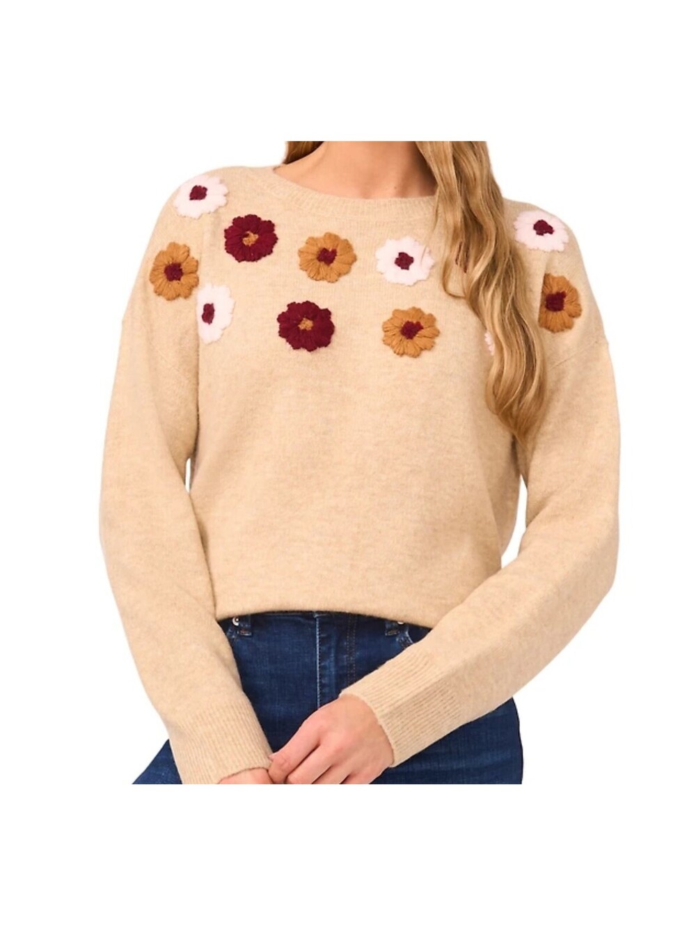 CeCe Embroidered Floral Beige Sweater Size L